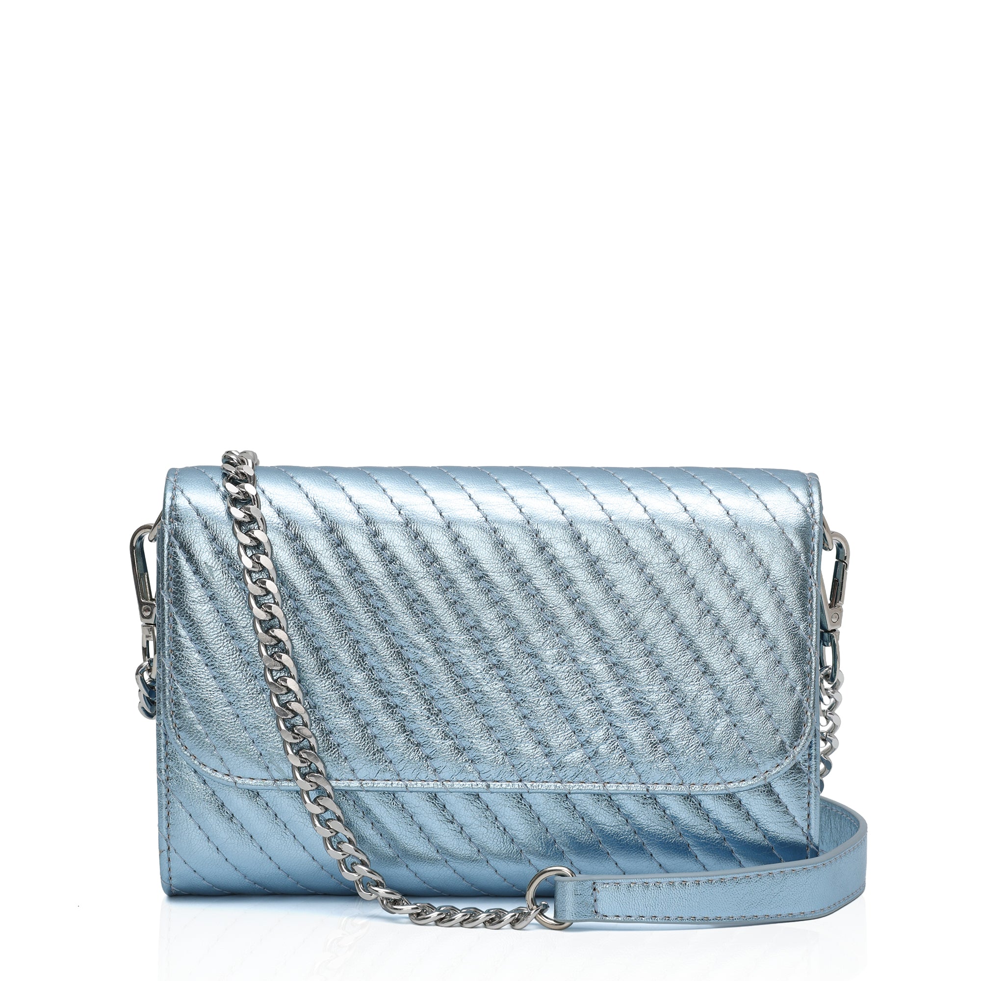 Elara: Metallic Leather Crossbody Bag (Ice Blue)