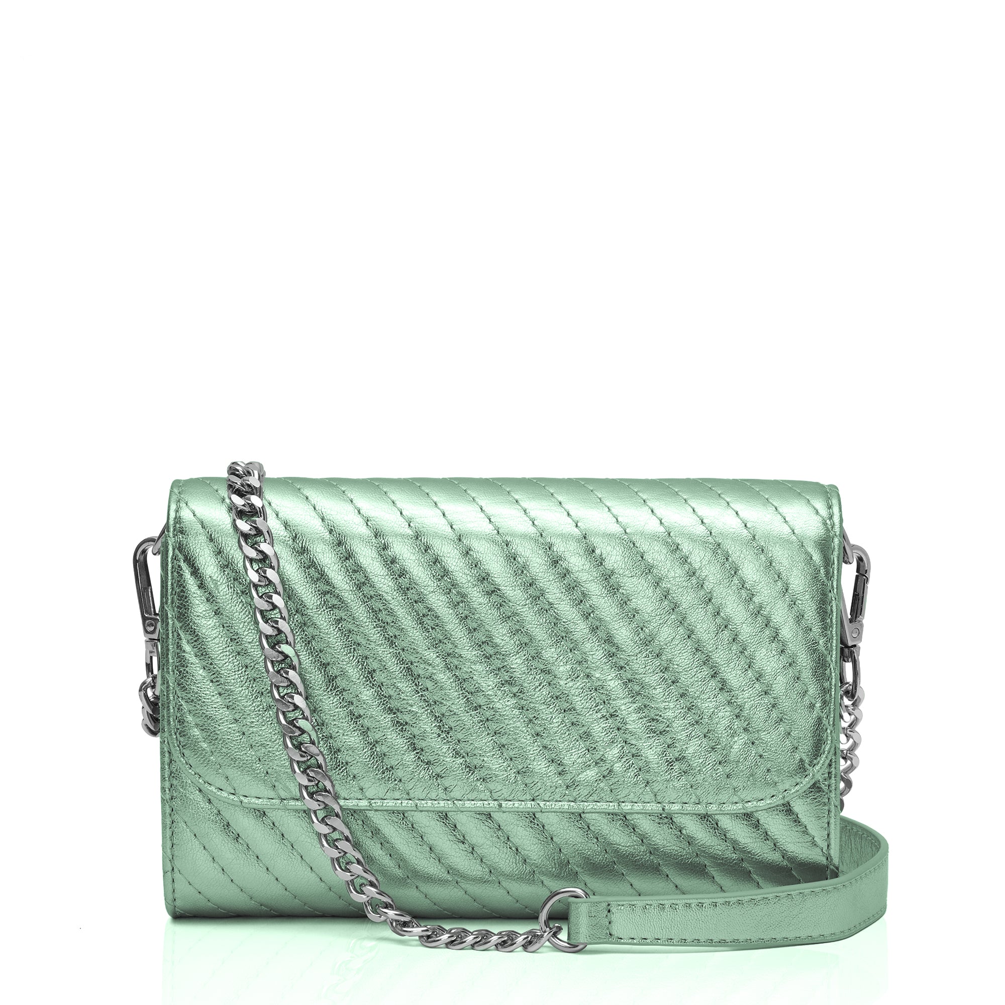Elara: Metallic Leather Crossbody Bag (Mint Green)