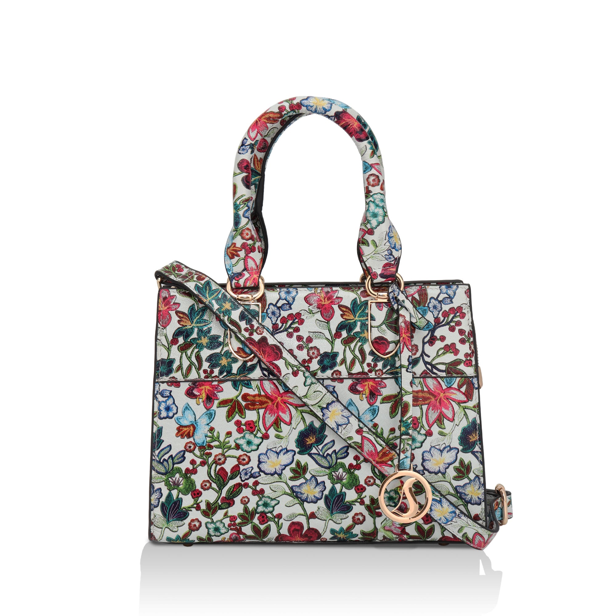 Vintage Garden : Italian Floral Leather Handbag (White)