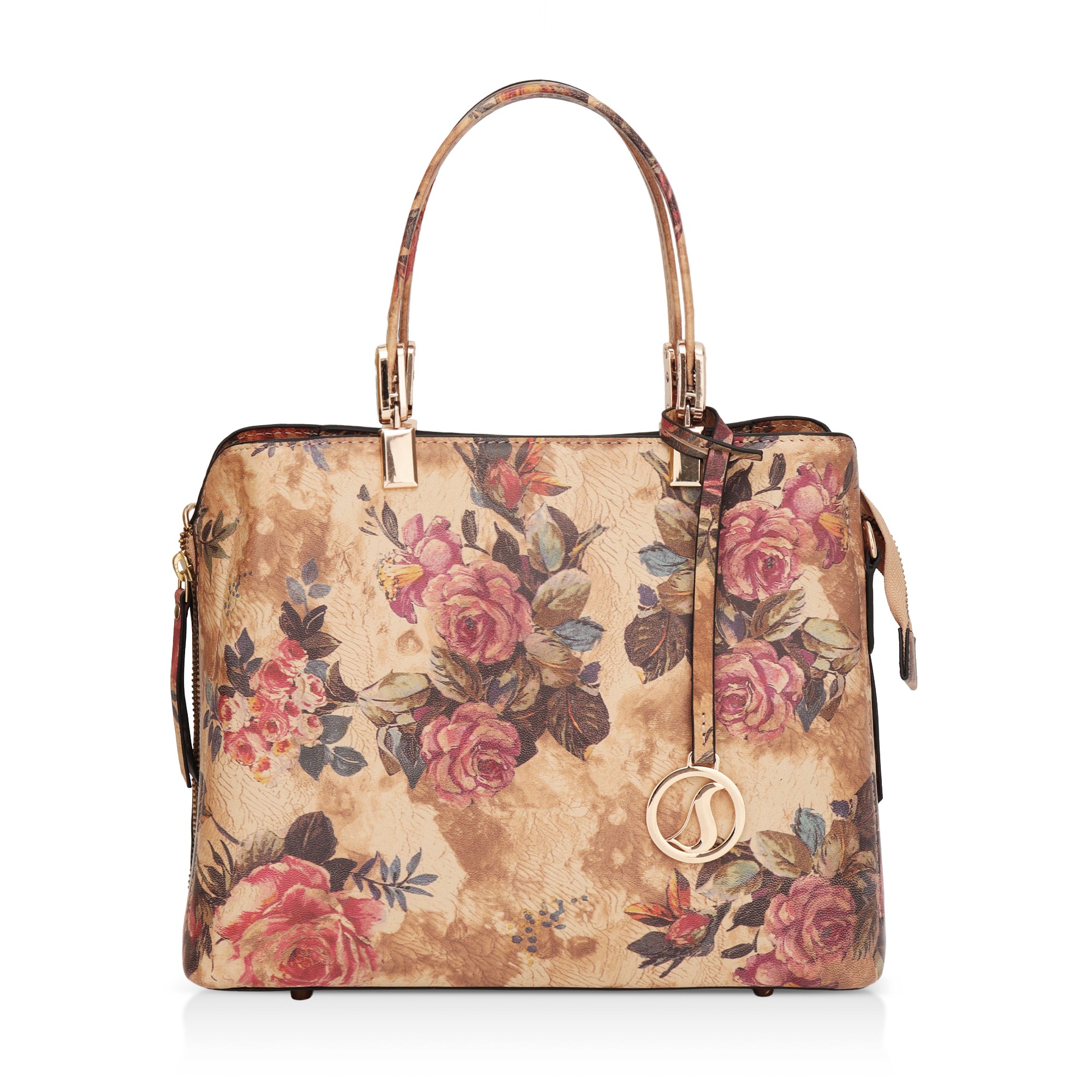 Florette : Italian Leather Floral Handbag (Beige)