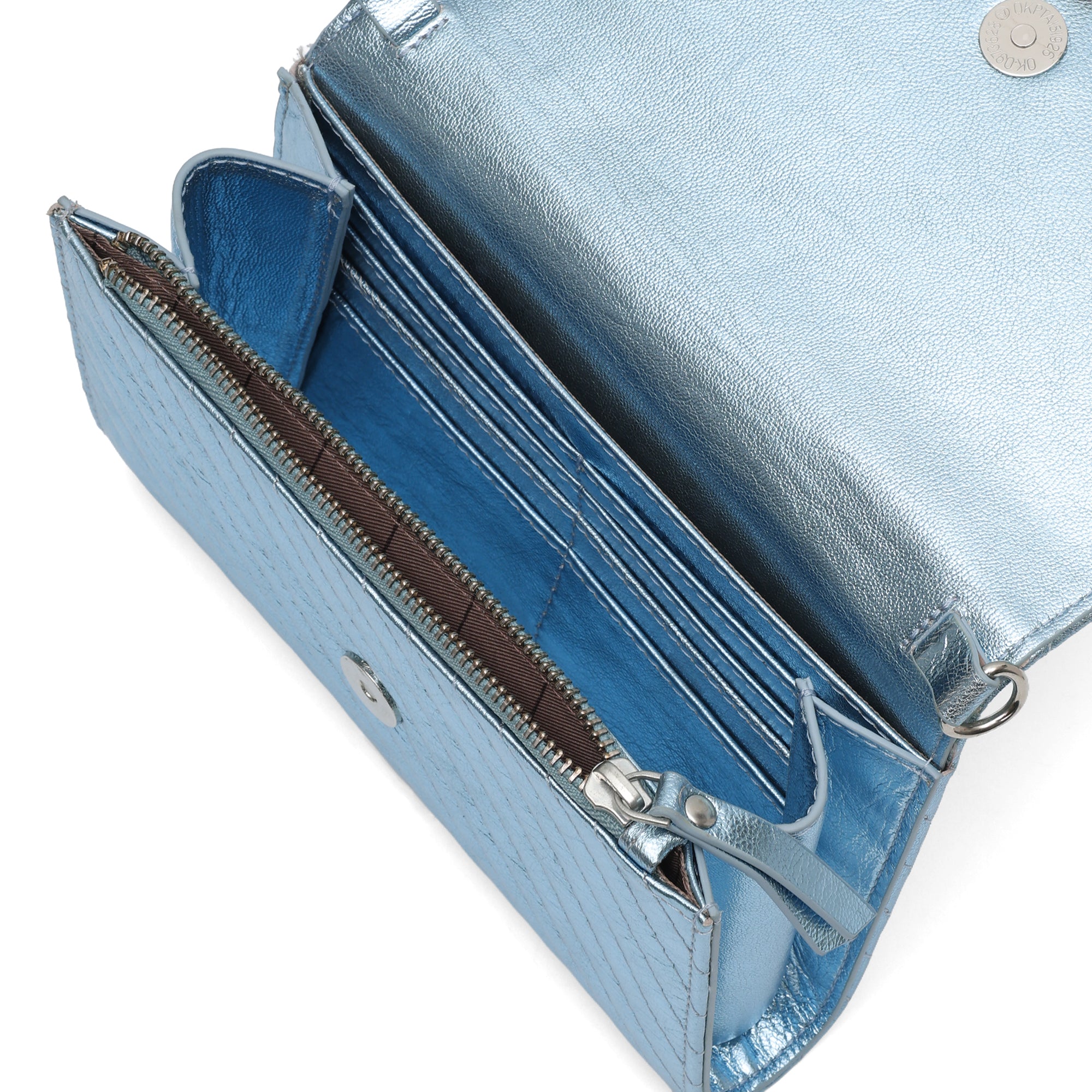 Elara: Metallic Leather Crossbody Bag (Ice Blue)
