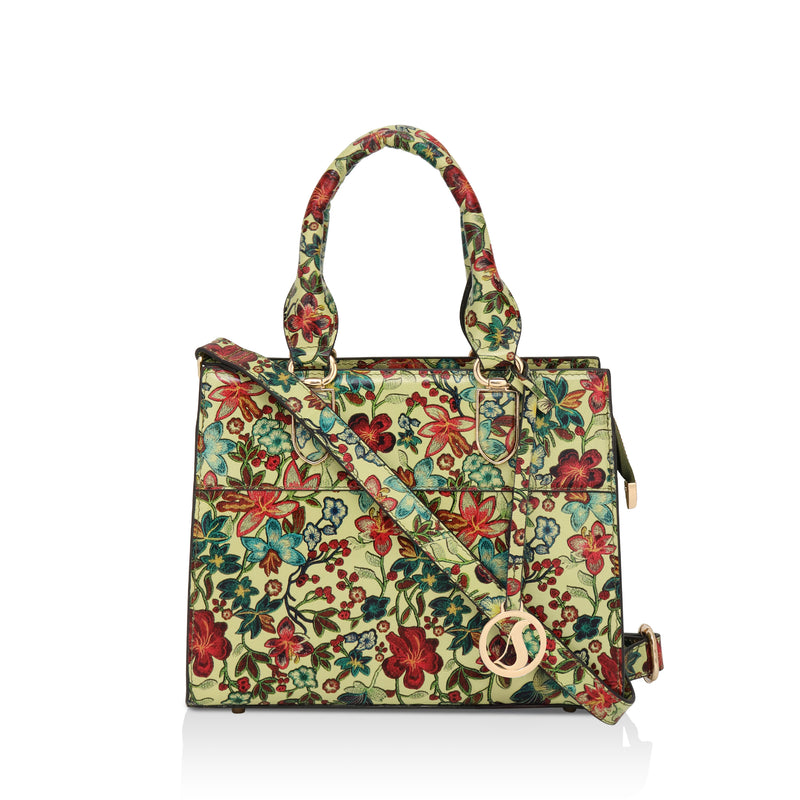 Vintage Garden : Italian Floral Leather Satchel Bag (Lime)