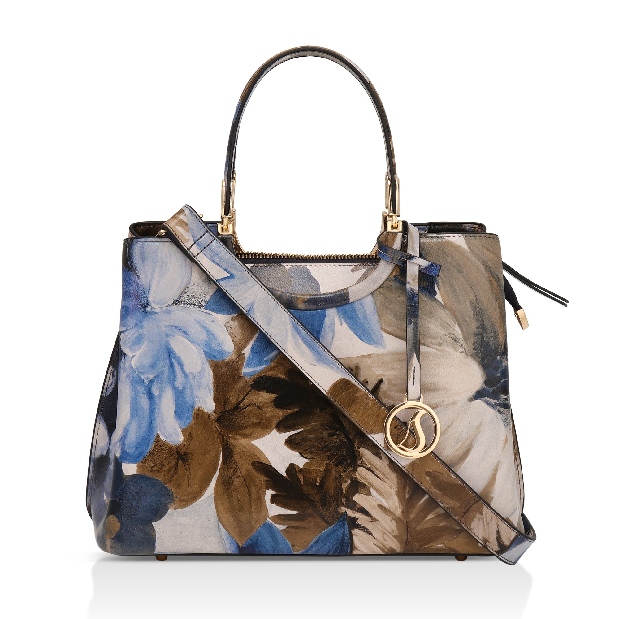 Iris : Italian Leather Floral Handbag (Navy)