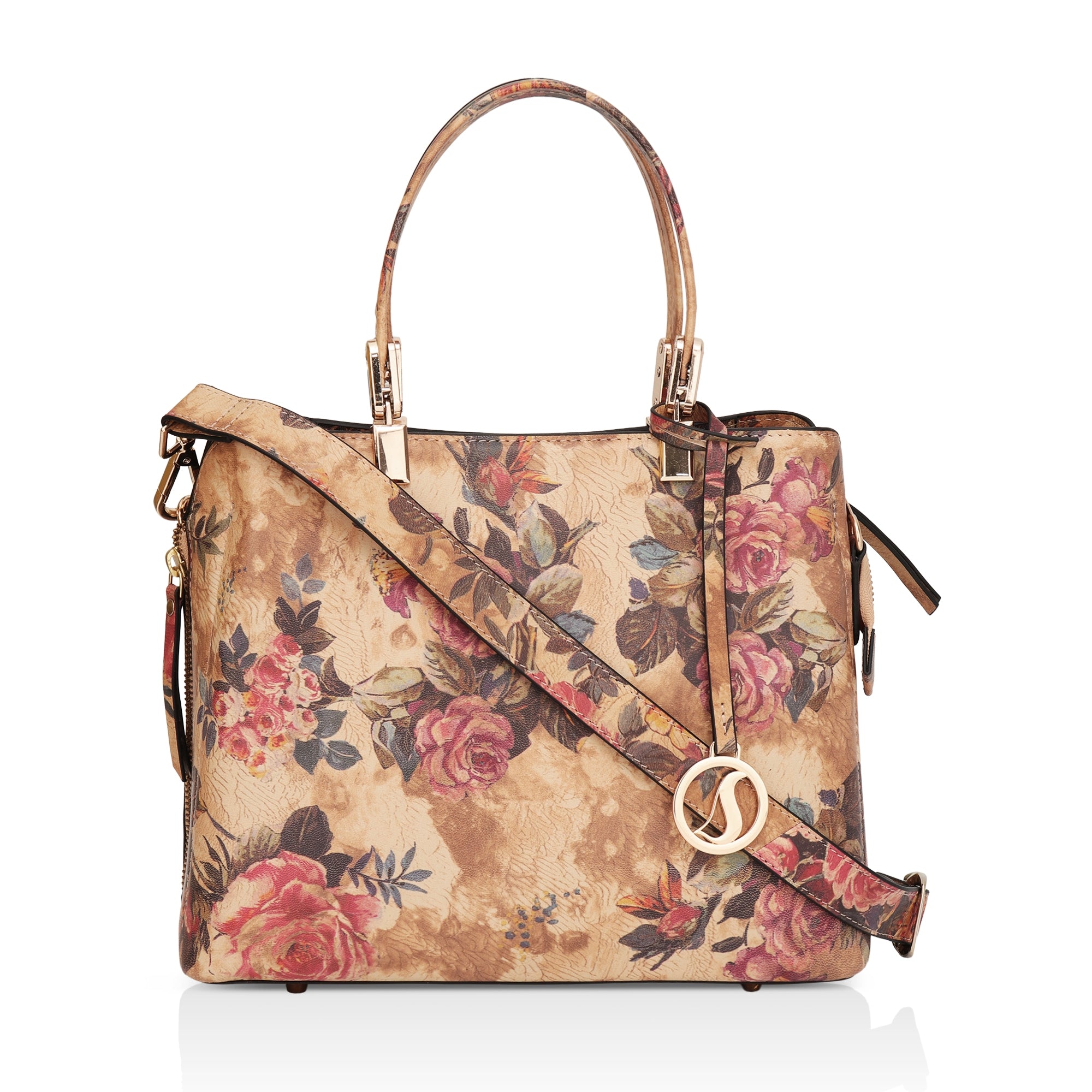 Florette : Italian Leather Floral Handbag (Beige)