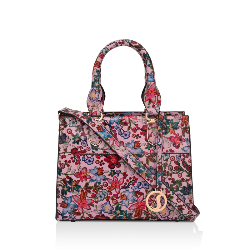 Vintage Garden : Italian Floral Leather Satchel Bag (Pink)