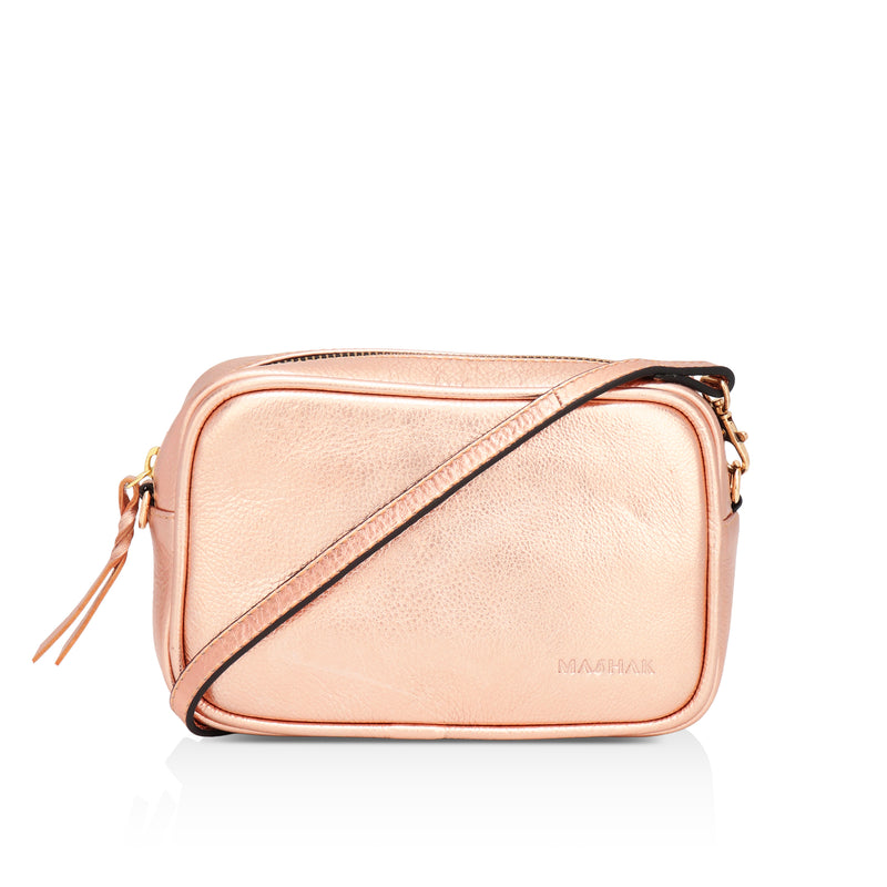 Lumina: Metallic Leather Crossbody Bag (Rose Gold)