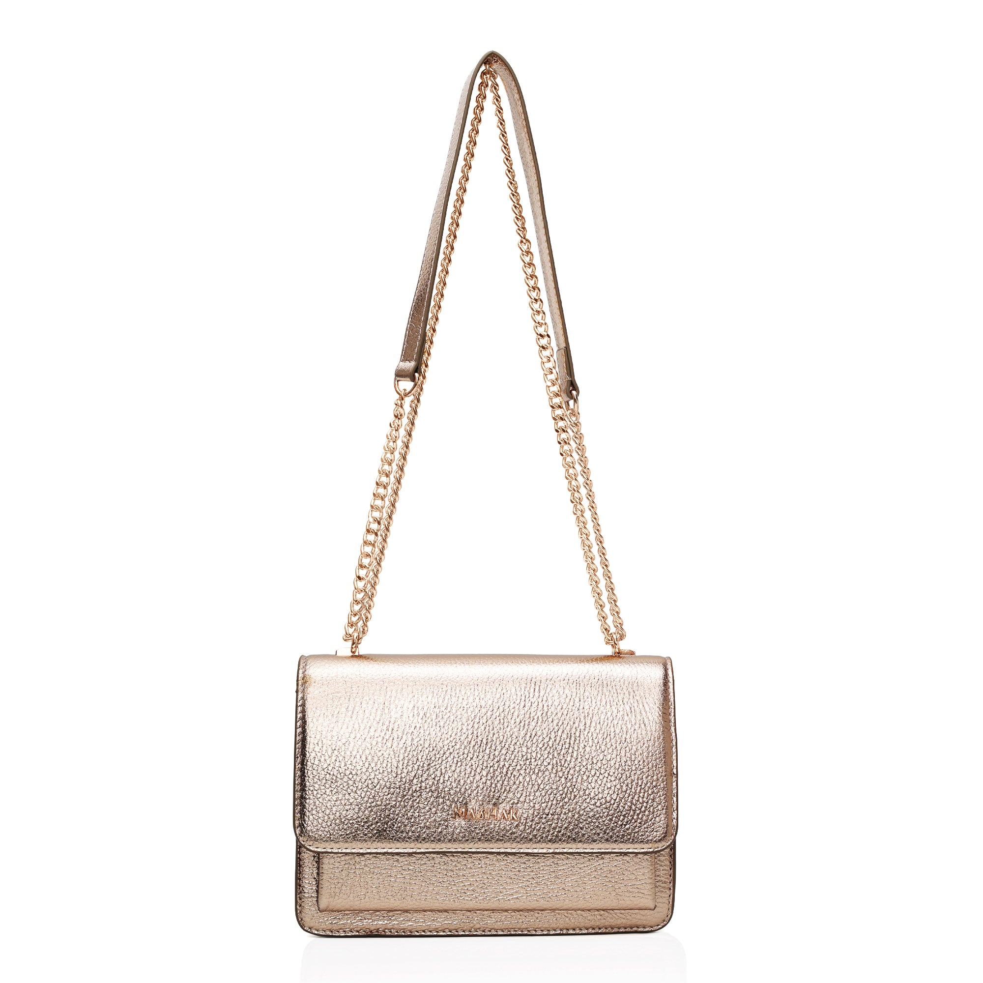 Lustra: Metallic Leather Shoulder Bag (Champagne Gold)