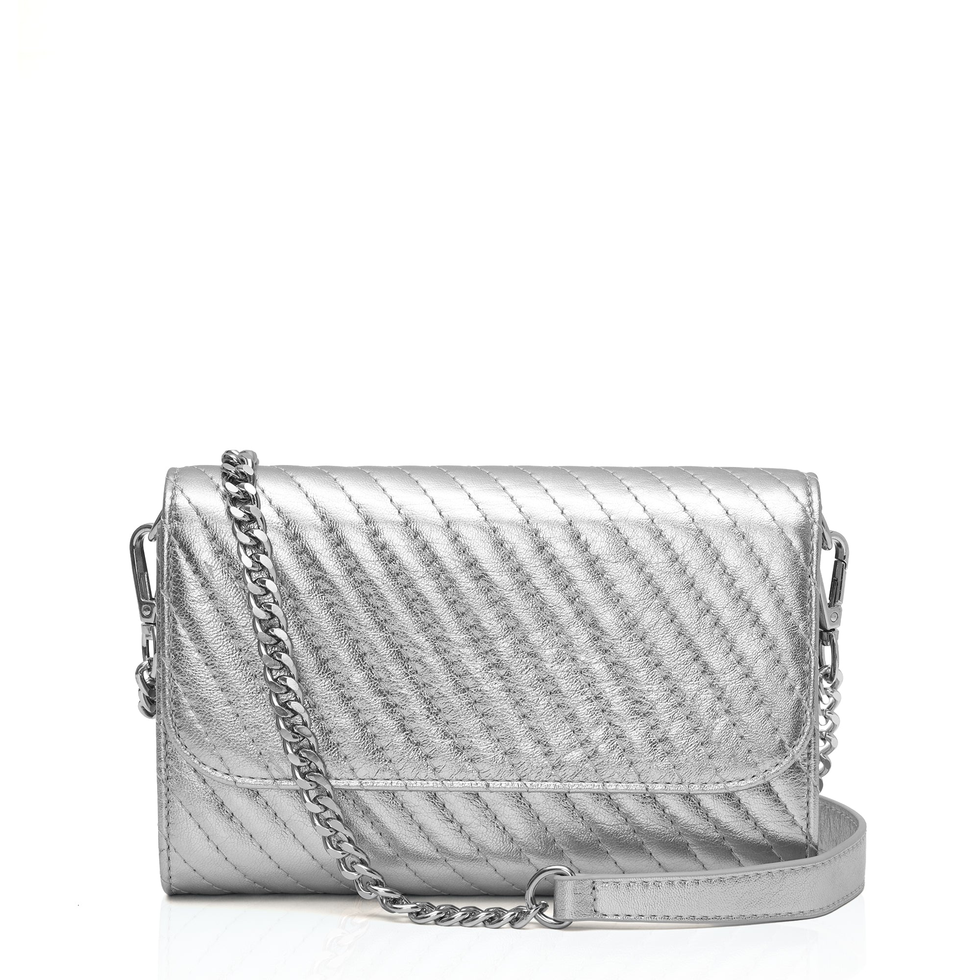 Elara: Metallic Leather Crossbody Bag (Silver)