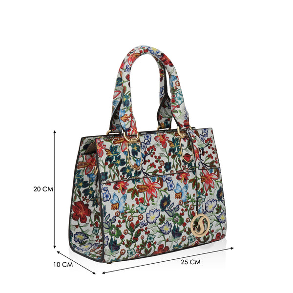 Vintage Garden : Italian Floral Leather Satchel Bag (White)