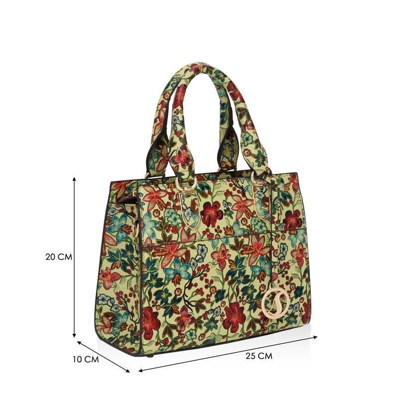 Vintage Garden : Italian Floral Leather Satchel Bag (Lime)