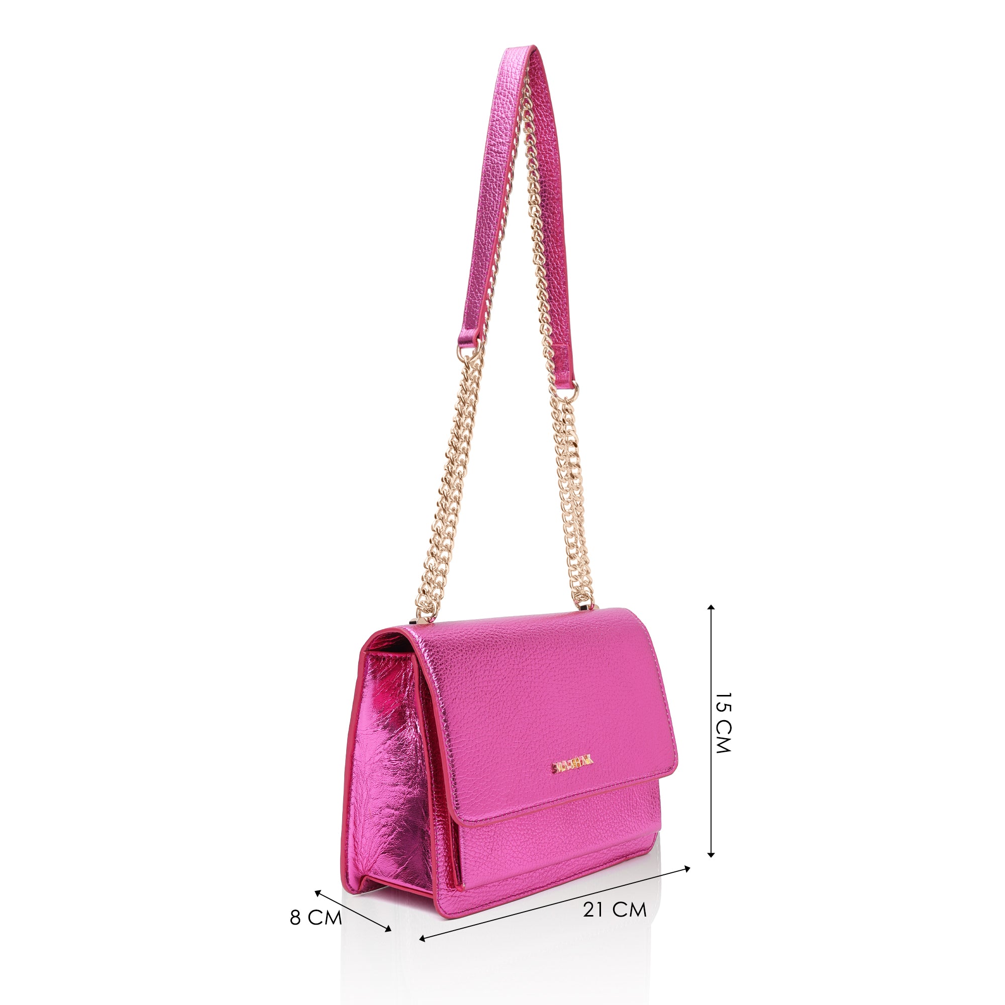 Lustra: Metallic Leather Shoulder Bag (Fuchsia Pink)