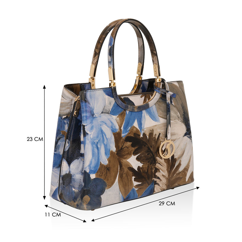 Iris : Italian Leather Floral Handbag (Navy)