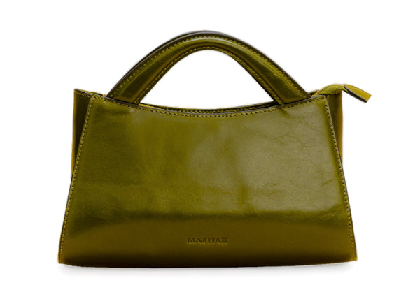 Svelte: Glass Finish Leather Clutch and Crossbody Bag (Olive)