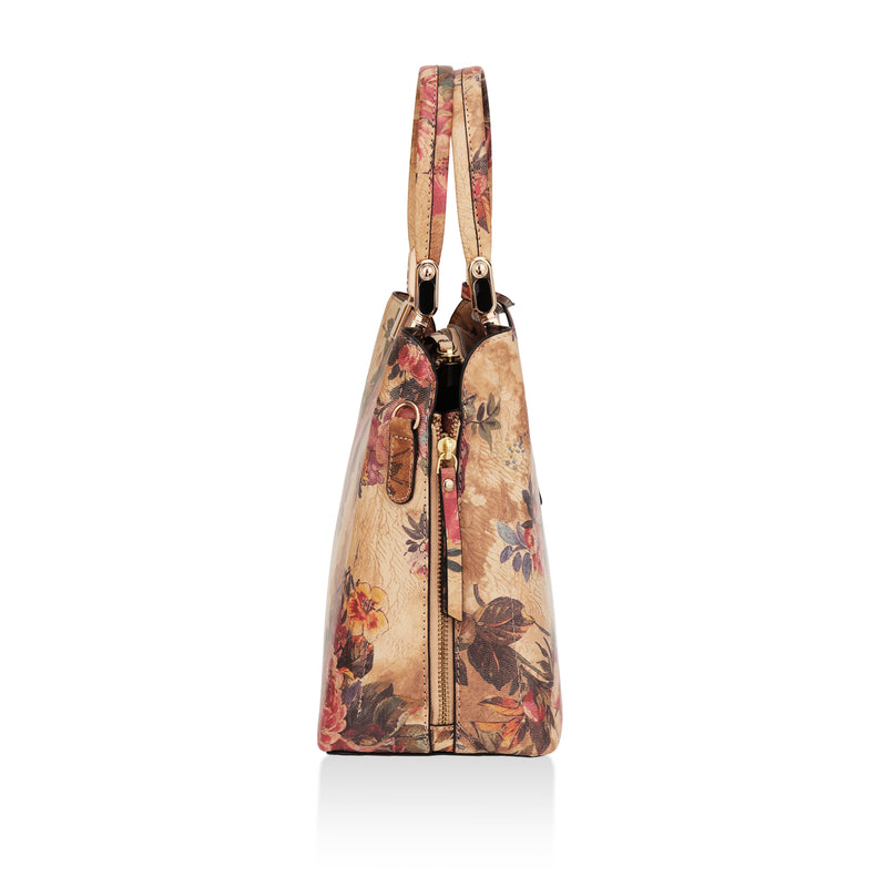 Florette : Italian Leather Floral Handbag (Beige)