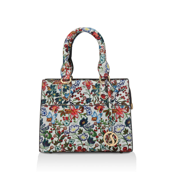Vintage Garden : Italian Floral Leather Satchel Bag (White)