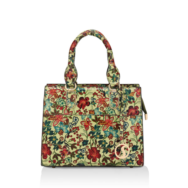 Vintage Garden : Italian Floral Leather Satchel Bag (Lime)