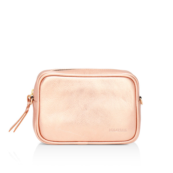 Lumina: Metallic Leather Crossbody Bag (Rose Gold)