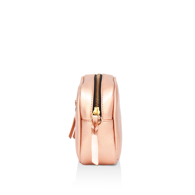Lumina: Metallic Leather Crossbody Bag (Rose Gold)
