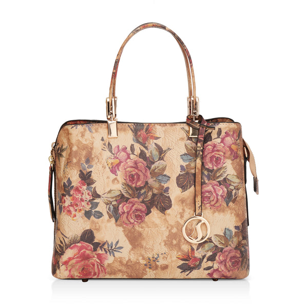 Florette : Italian Leather Floral Handbag (Beige)