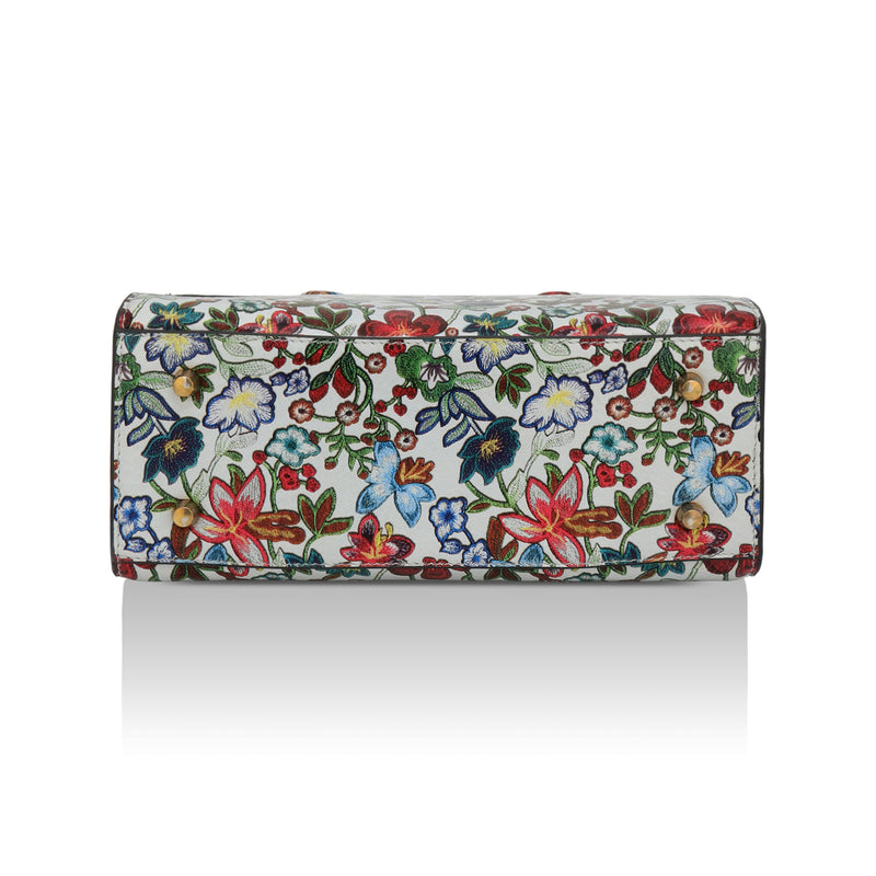Vintage Garden : Italian Floral Leather Satchel Bag (White)