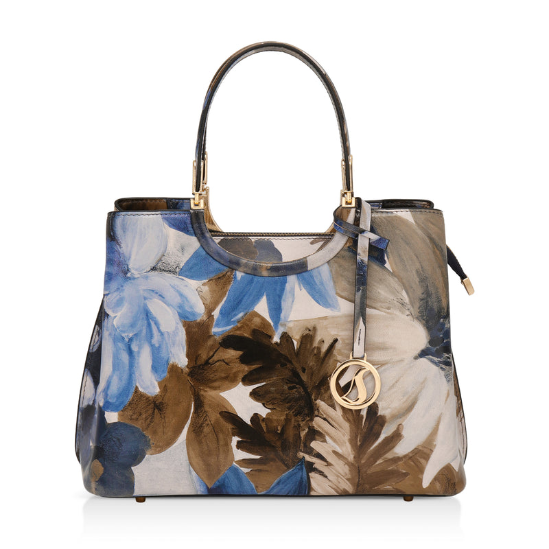 Iris : Italian Leather Floral Handbag (Navy)