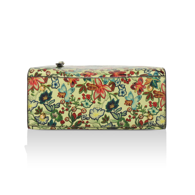 Vintage Garden : Italian Floral Leather Satchel Bag (Lime)