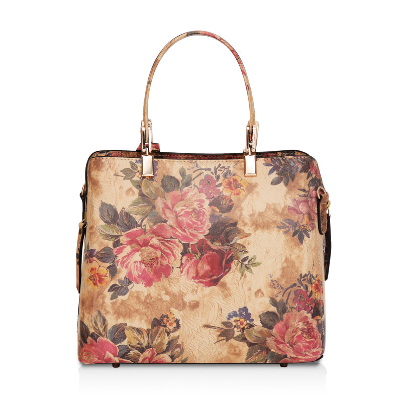 Florette : Italian Leather Floral Handbag (Beige)
