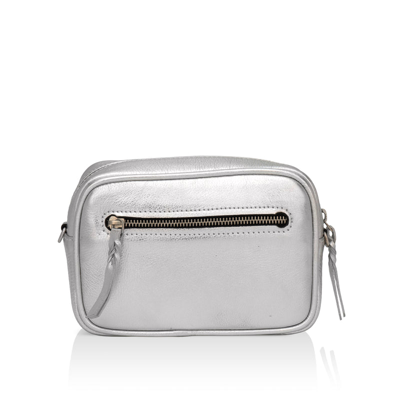 Lumina: Metallic Leather Crossbody Bag (Silver)
