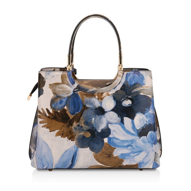 Iris : Italian Leather Floral Handbag (Navy)