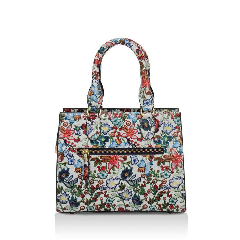 Vintage Garden : Italian Floral Leather Satchel Bag (White)