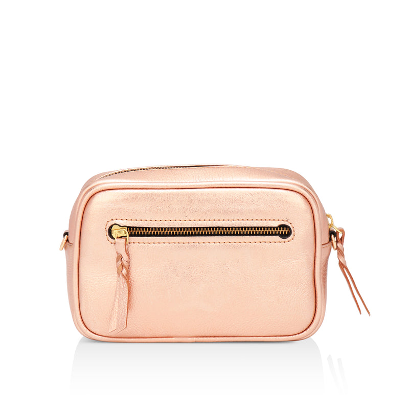 Lumina: Metallic Leather Crossbody Bag (Rose Gold)