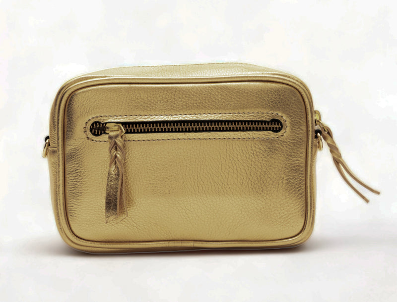 Lumina: Metallic Leather Crossbody Bag (Light Gold)