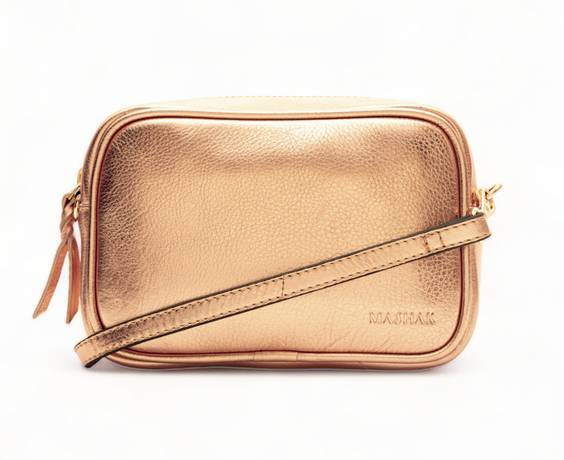 Lumina: Metallic Leather Crossbody Bag (Rose Gold)