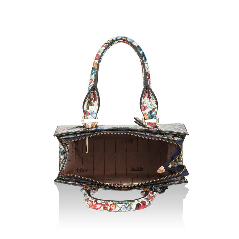 Vintage Garden : Italian Floral Leather Satchel Bag (White)