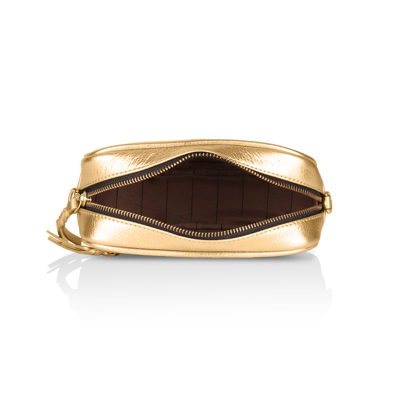 Lumina: Metallic Leather Crossbody Bag (Light Gold)