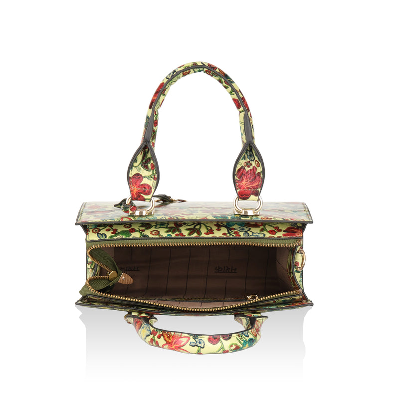 Vintage Garden : Italian Floral Leather Satchel Bag (Lime)