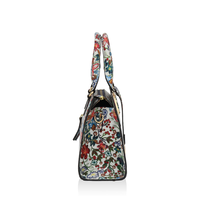 Vintage Garden : Italian Floral Leather Satchel Bag (White)