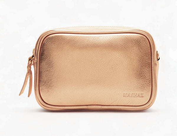 Lumina: Metallic Leather Crossbody Bag (Rose Gold)